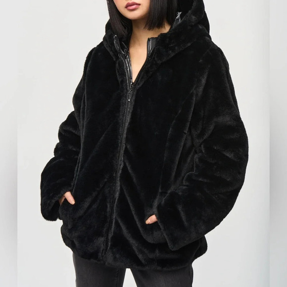 NEW Joseph Ribkoff Sz L Black Reversible Faux Fur Quilted Puffer Coat - Picture 6 of 16